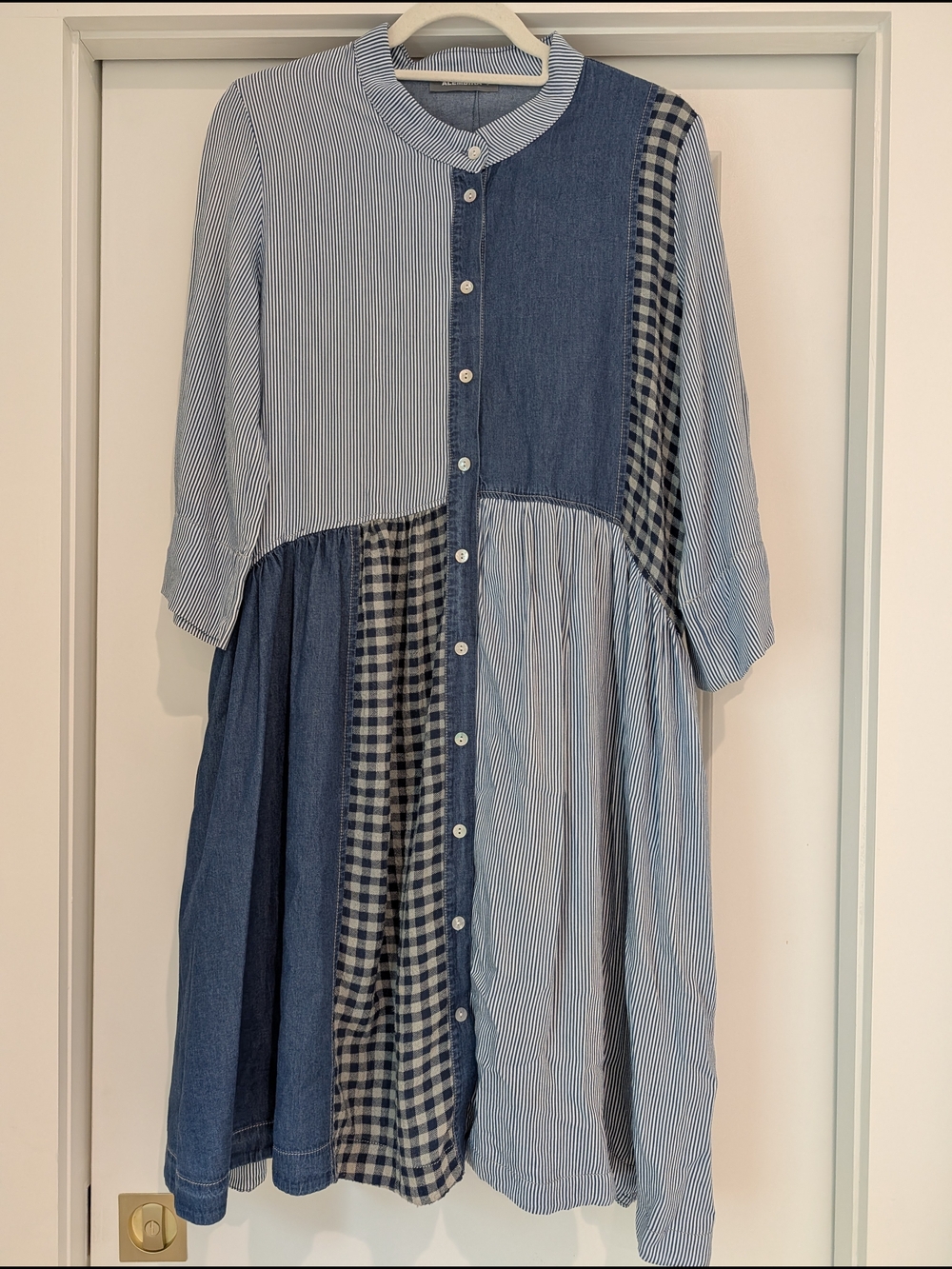 Alembika Blue Striped Patchwork Long Sleeve Denim Maxi Dress Size S